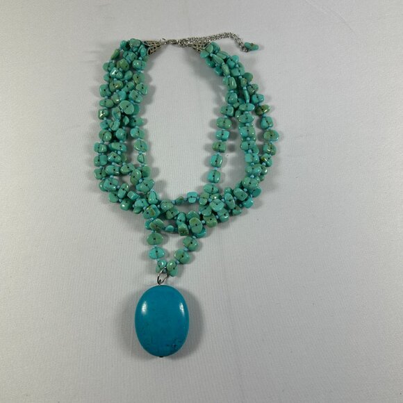 Faux Turquoise 4 Tier Oval Pendant Necklace Chippy Statement Silver Tone 16-19" - Picture 4 of 12